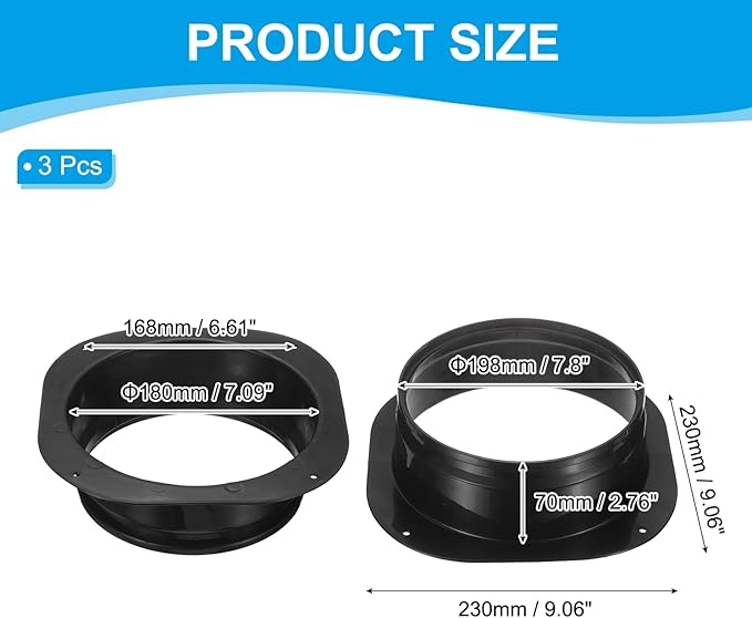 PATIKIL 8 Inch Duct Connector Flange, 3Pack Plastic Straight Pipe Flange Dryer Vent Connector for Air Heating Cooling Ventilation HVAC System, Black