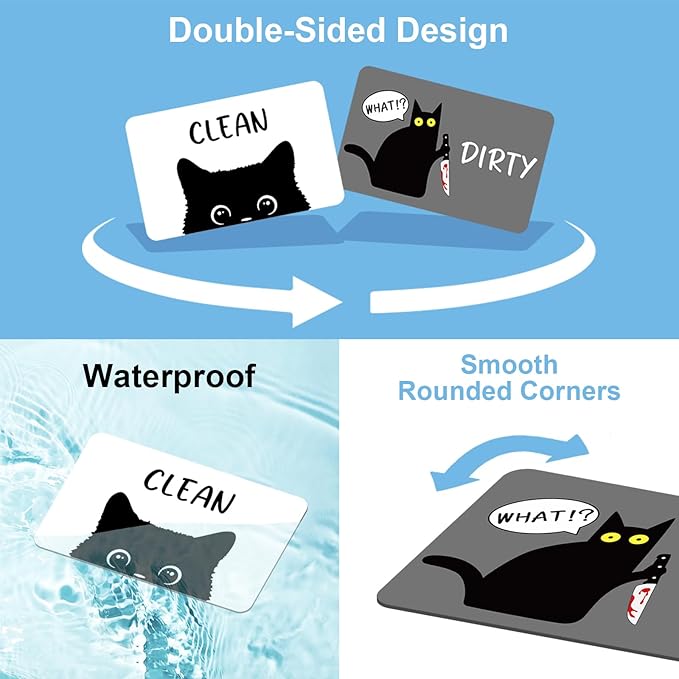 Funny Black Cat Cartoon Clean Dirty Dishwasher Magnet, Washing Machine Magnets Flip, Cute Cat Refrigerator Clean Dirty Sign, Double Sided Reversible Non Scratch Dish Washer Magnet Sign (White&Gray)