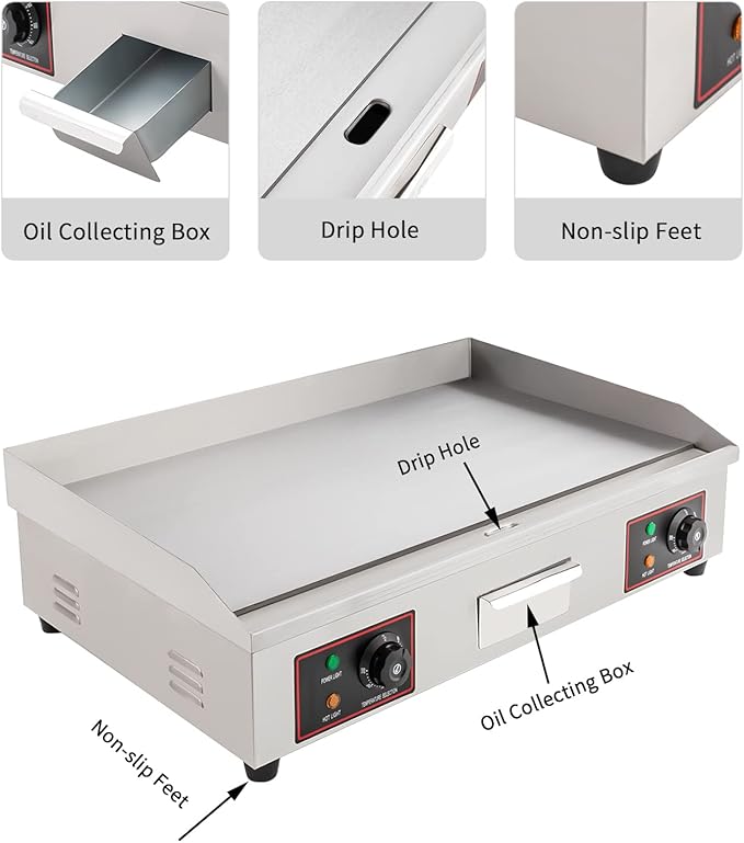 Electric Flat Top Grill Indoor & Outdoor 3000W Commercial Countertop Griddle 28.7"x15.7" Stainless Steel Flat Top Teppanyaki Grill with Dual Independent Thermostatic Control(NO PLUG)