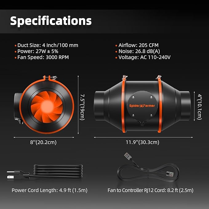 Spider Farmer 4 Inch Smart Inline Duct Fan with GGS Temperature Humidity Controller, Integrated App Control, 205 CFM Ventilation Exhaust Fan for Heating Cooling Booster, Grow Tents, Hydroponics