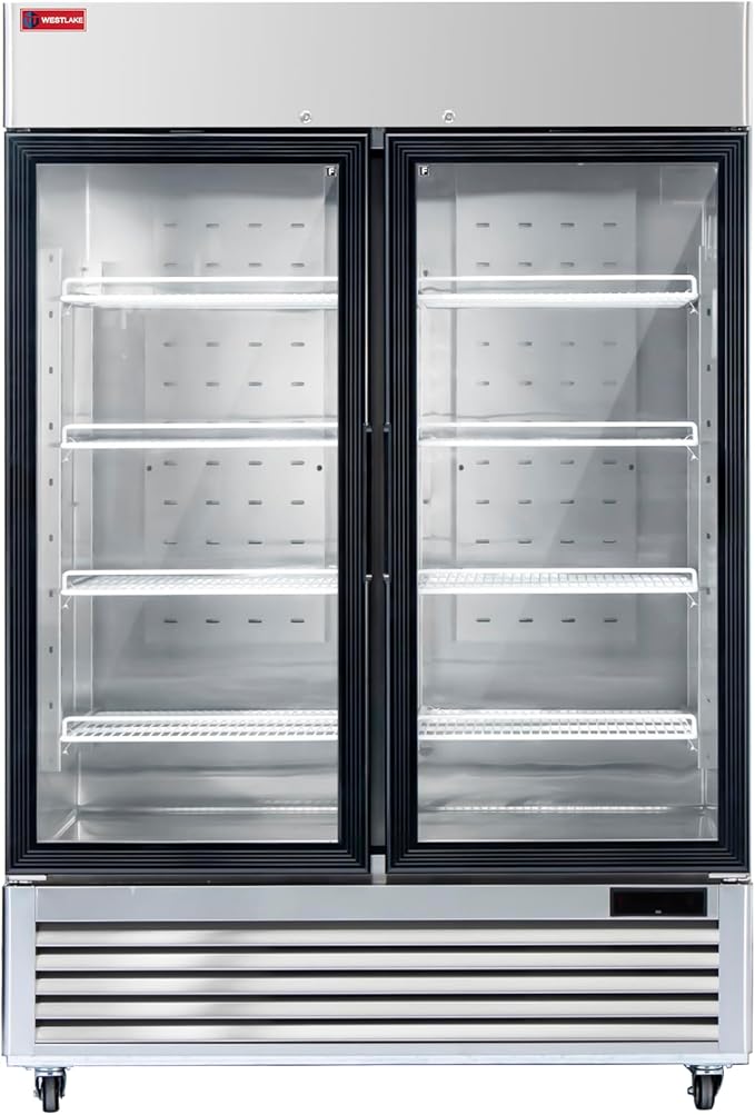 WESTLAKE 54" W Commercial Display Freezer 2 Glass door 49 Cu.ft Stainless Steel Merchandiser Reach-in Upriht Fan Cooling Digital Temperature Control Display Freezer for Restaurant, Bar, Shop, etc