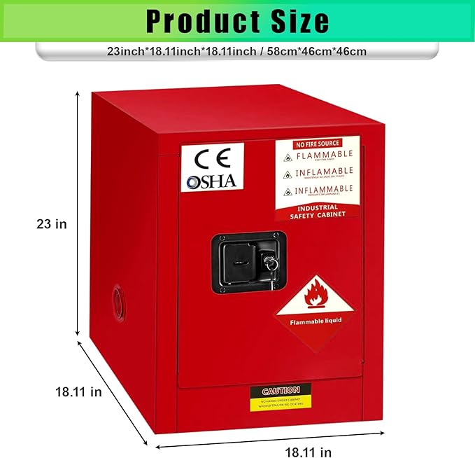 12 Gallon Flammable Storage Cabinet, 23×18×18in Galvanized Steel Safety Storage Cabinet, Adjustable Shelf Fireproof Cabinets, Flammable Liquid Storages Cabinets for Industrial and Home Use, Red