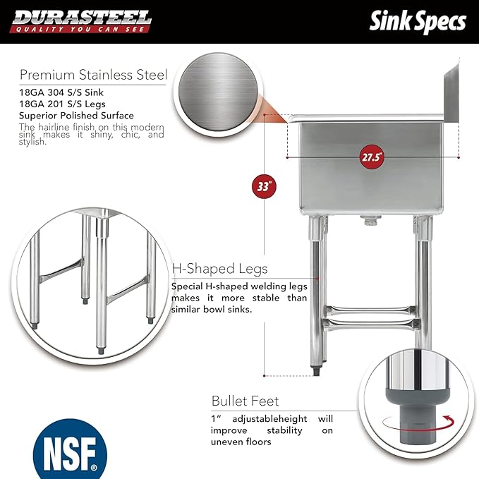 DuraSteel 304 Stainless Steel Utility Sink - 24 Inch Restaurant Prep Sink with Faucet - Dual CEC & NSF Certified Freestanding Wash Station for Kitchen, Laundry, Garage