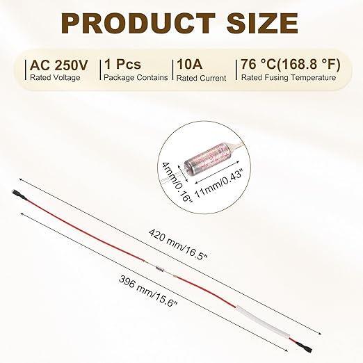 MECCANIXITY Universal Temperature Fuse for Rice Cooker, 76°C 10A 250V Metal Thermal Fuse with Both End Terminal Fiberglass Sleeving for Electric Pressure Cooker Repair Part