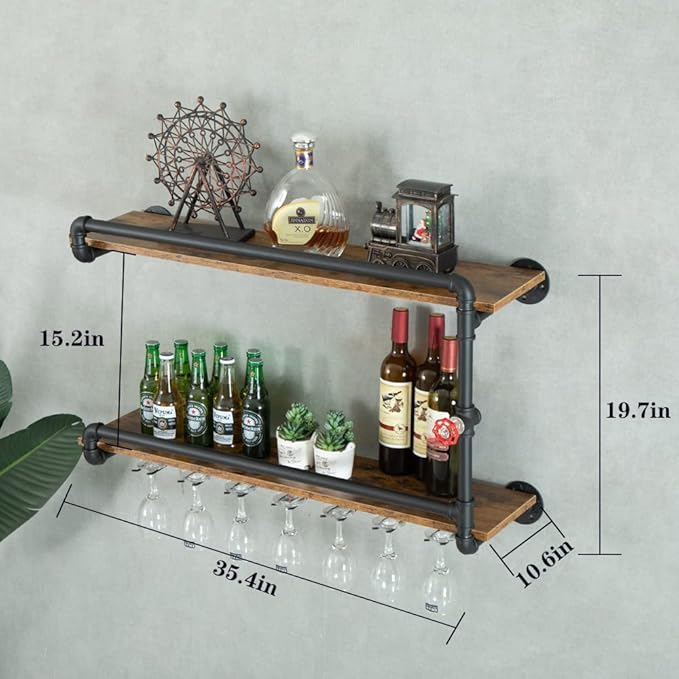 Wine Rack Wall Mounted 2 Tier, Hanging Floating Bar Liquor Shelves with Glass Holder Storage Under, Industrial Rustic Pipe Farmhouse Kitchen Decor Black(35.4x10.6x19.7)