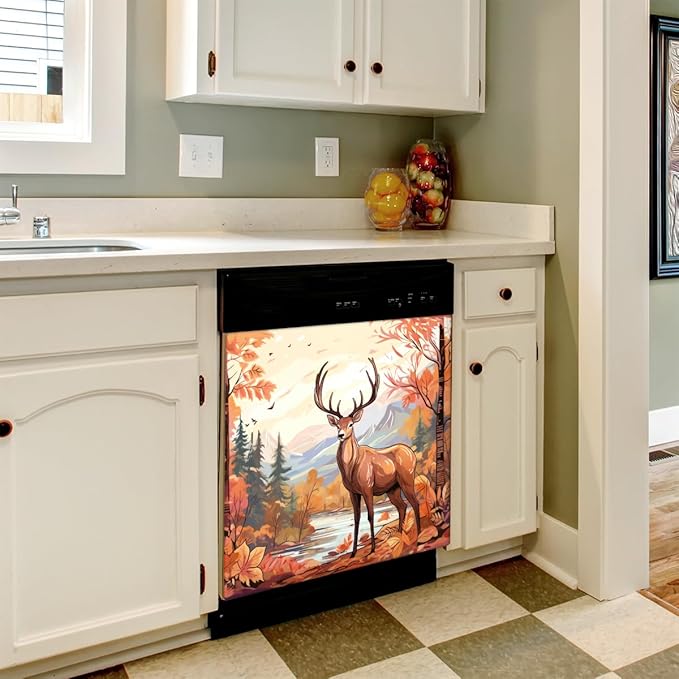 Pastel Autumn Elk Dishwasher Magnet Cover, Reusable Refrigerator Panel Stickers Microwave Front Door Covers Magnets for Kitchen Home Appliances Holiday Party Decorations 23 X 26 in