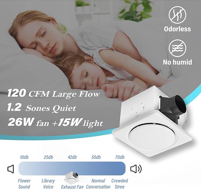 Bathroom Exhaust Fan with Light, UL HVI Certificated 120 CFM 1.2 Sones, 41W Bathroom Fan with Light for Home, 1500lm LED Light 2700K/4000K/6500K 2 pack