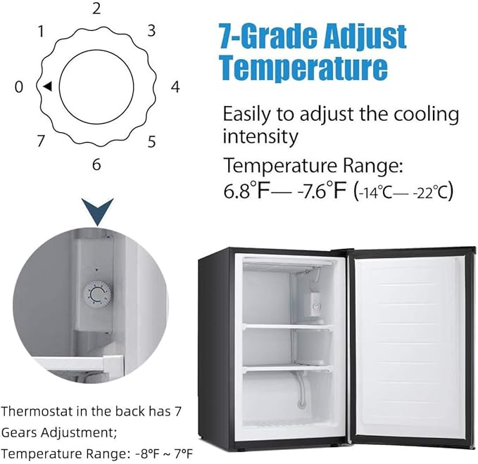 Antarctic Star 3.0 Cu.Ft Upright Freezer, Compact Stainless Steel Freezer with Reversible Door & 7-Temp Control, Removable Shelves, Ideal for Dorm, Home, Office, Black