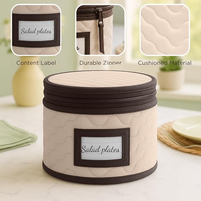 Salad Plates Storage - Quilted Microfiber China Organizer Box with Dividers , Protects & Organizes Up to 12 Plates of 8" - Ideal for Seasonal Dishware Protection