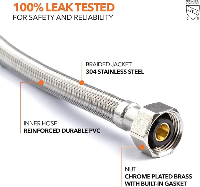 Stainless Steel Braided Water Connectors with Reinforced PVC Inner Hose for Faucets, 3/8" Compression x 1/2" FIP, 12" Length (2Pack)
