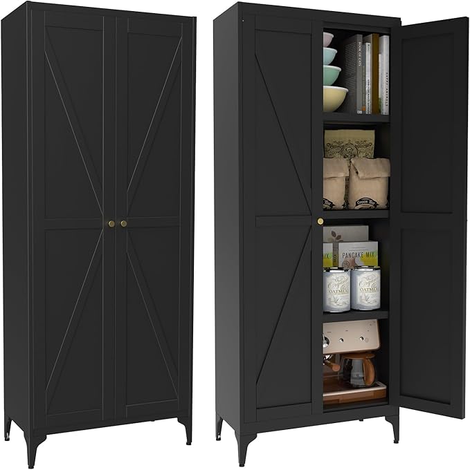 Tall Pantry Cabinet, 65" Kitchen Cupboard with Doors and Adjustable Shelves, Food Pantry Cabinets, Metal Hutch Cabinet with Storage for Kitchen, Living Room, Dining Room, Black