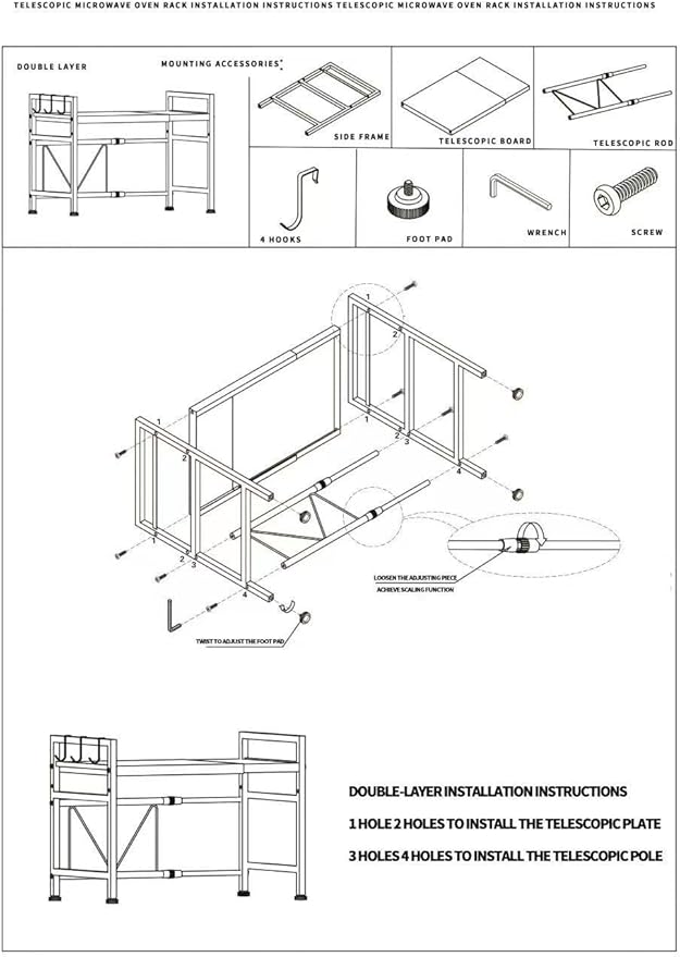Microwave Oven Rack, Double Layer Carbon Steel Adjustable Microwave Shelf, Toaster Rack Heavy Duty Stand Kitchen Countertop Organizer, 55 lb Load Bearing, 2 Tier with 6 Hooks (Black)