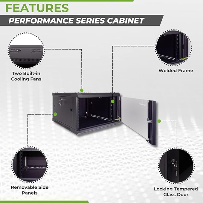 NavePoint 6U Server Cabinet Wall Mount Rack Enclosure Includes 2 Fans, Locking Glass Door, Removable Side Panels – 6U Network Cabinet 23.6” Deep, 19 Inch Server Rack for IT and A/V Equipment