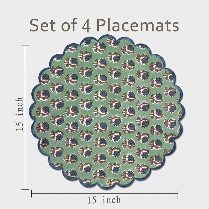 Ridhi Floral Block Print Round Placemats 15 Inch, Set of 4, Basil Green