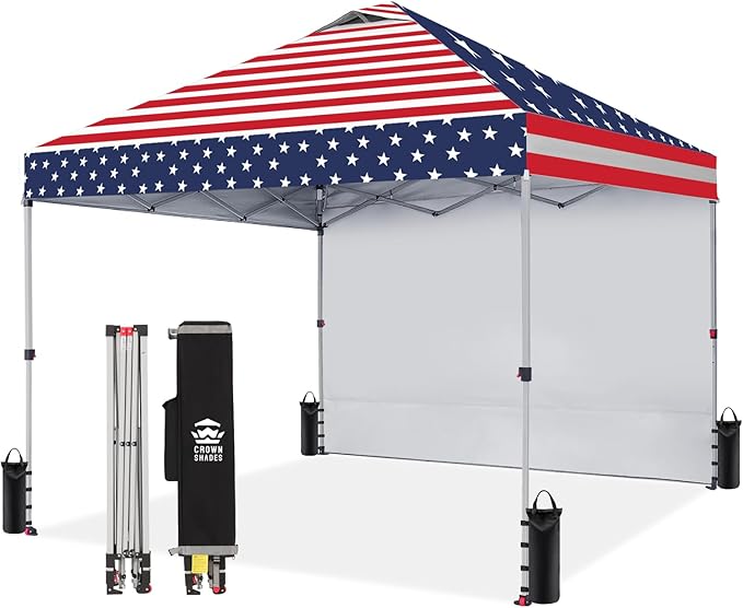 CROWN SHADES 10x10 Pop Up Canopy with 1 Side Wall - Beach Tent with One Push Setup - Outdoor Sun Shade for Events, Parties, Camping - Gazebo with STO-N-Go Cover Bag (American Flag)