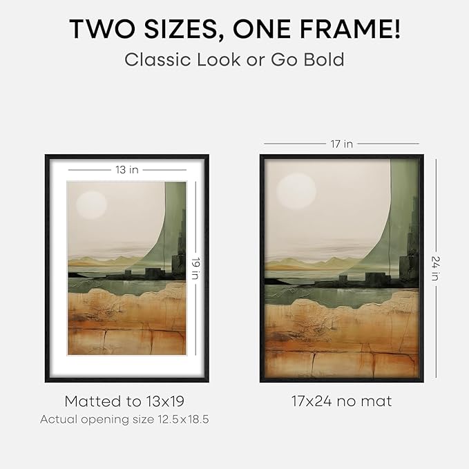Homeforia 17x24 Picture Frame Black Wood, High End Oak 17x24 Poster Frames with Mat 13x19 Photo, 17 x 24 Wooden Frame Matted to 13 by 19 Print, 24x17 Hanging Frames, Tempered Glass, Wall Kit, Set of 2