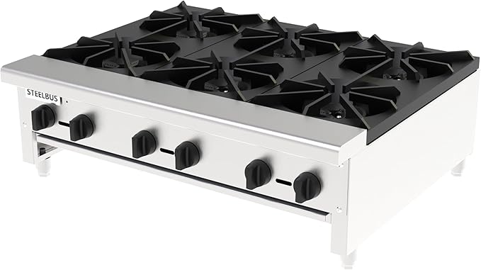 6 Burner Commercial Stock Pot Range, Heavy Duty Countertop Gas Stove, 168000 BTU, Stainless Steel Body with Cast Iron Burners, Natural Gas/Propane, 3/4" NPT