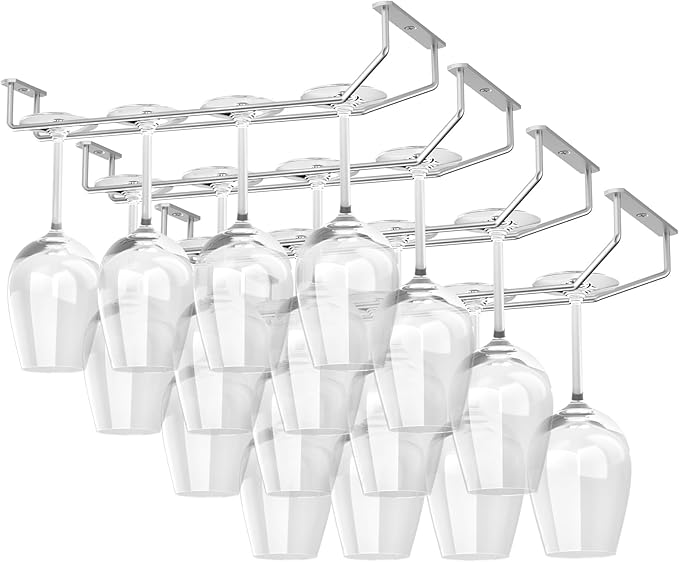 14-Inch Under Cabinet Wine Glass Holder - Metal Stemware Hanger, Single Rail Wine Glass Hanging Rack for Kitchen Bar - Set of 4