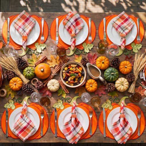 Havawish 18 Pcs 15'' Fall Placemats Pumpkin Napkins Rings Cloth Napkins