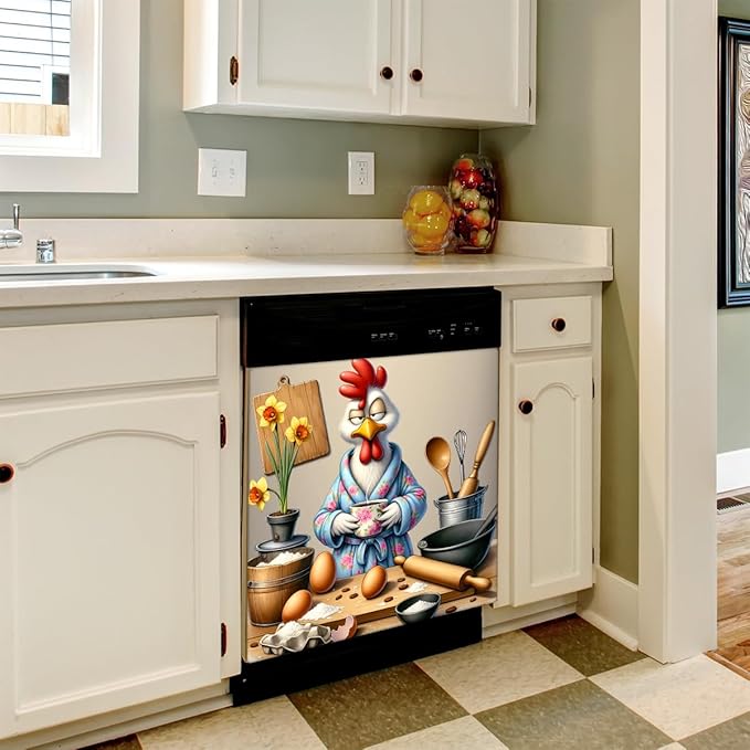 Dishwasher Magnet Cover Funny Rooster Flower Front Dishwasher Cover Decoration Reusable Magnetic Door Cover Panel Decal Home Appliances Stickers Kitchen Refrigerator Fridge 23"x26"