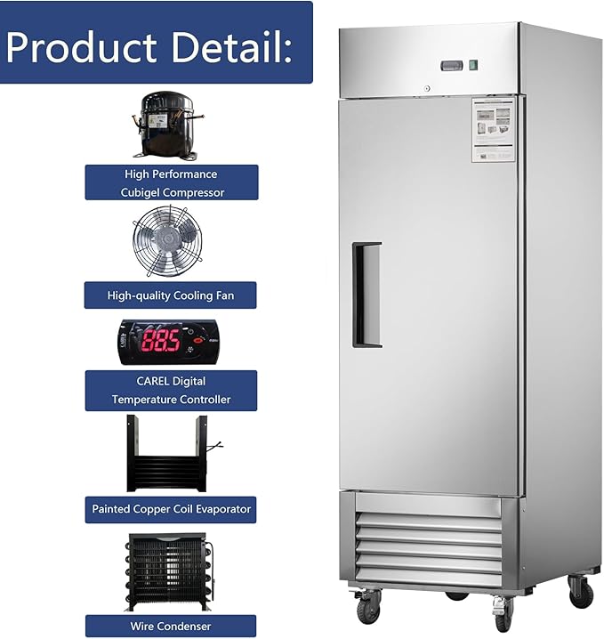 27"W Commercial Freezer Single Solid Door Stainless Steel Reach-in Freezer 18.68 Cu.ft. Upright Fan Cooling Freezer for Restaurant, Bar, Shop, Home, Garage, Business, Kitchen, Residential, ETL & DOE