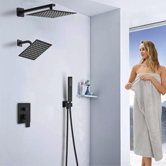 Shower Faucet Set Matte Black Shower System, Knob Switch Diverter Shower Faucet with High Pressure Handheld Spray, Wall Mount 10 Inch Shower Head with 6 Inch Wall Mount Shower Head