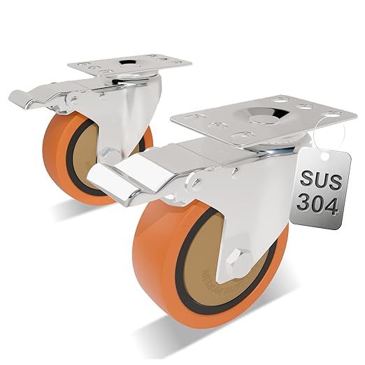 4 Inch 304 Stainless Steel Swivel Caster with Brake, Set of 2, Heavy Duty Industrial & Commercial Anti-Corrosion Casters for Hospital, Lab Equipment, Food Service, Furniture