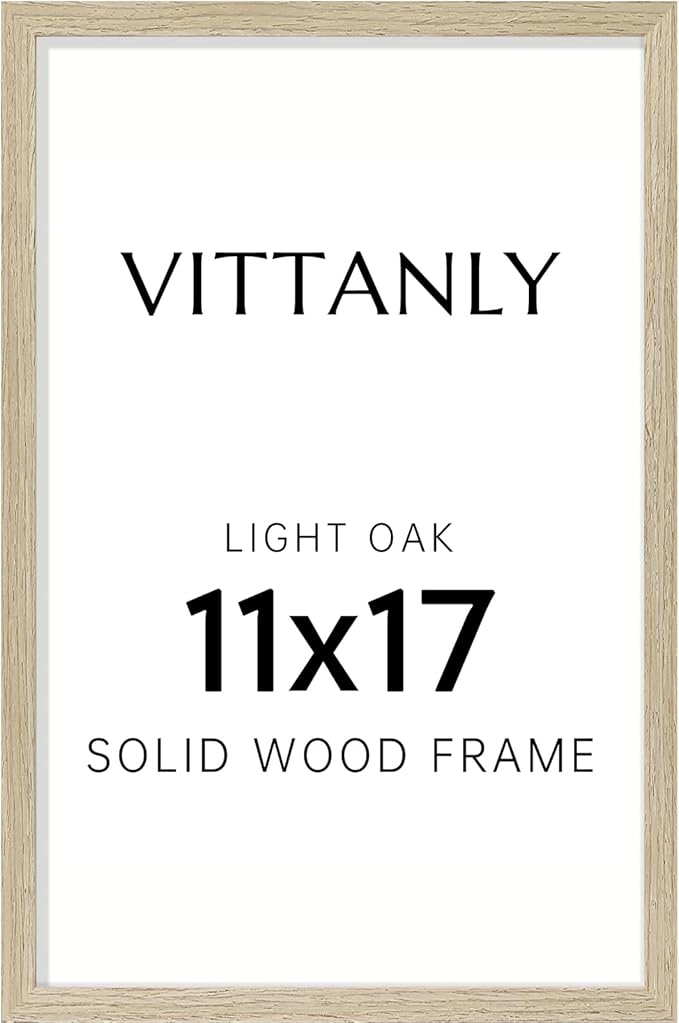 Vittanly 11x17 Picture Frame, Solid Wood Frame with Plexiglass, Includes 8x12 Mat, Wall Hanging for Photos, Home Decor, Light OAK, 1 Pack