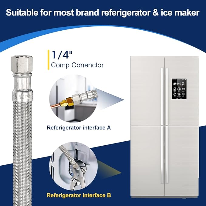 5ft Ice Maker Water Line Stainless Steel Braided – Flexible Refrigerator Water Supply Tube with 1/4" Quick Connect Fitting, Universal Fit