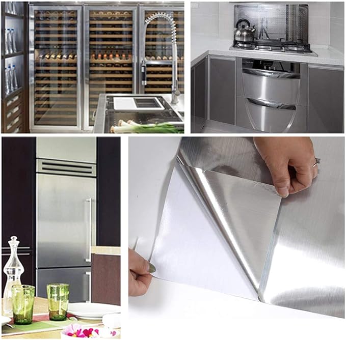 Hopepak Stainless Steel Contact Paper Peel and Stick Waterproof Silver Metallic Wallpaper Self Adhesive Removable Vinyl Roll for Kitchen Cabinet Refrigerator Dishwasher Countertop 17.3''x118''