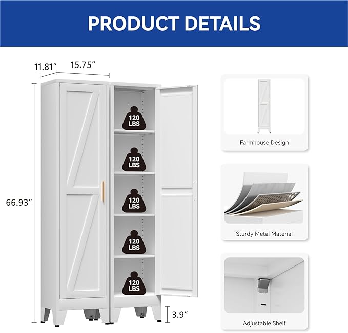 COFaR 67'' Tall Slim Bathroom Storage Cabinet, Metal Narrow Pantry Cabinet with 4 Adjustable Shelves and One Door, Skinny Cabinet Storage for Kitchen Laundry, White Farmhouse 5 Tiers