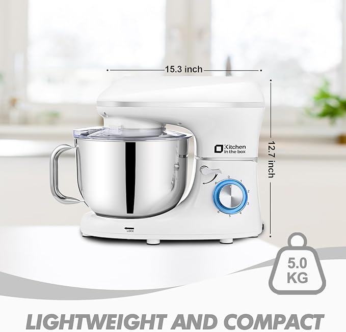 Kitchen in the box Stand Mixer, 6.5QT 660W Kitchen Electric Mixer, 6-Speed Tilt-Head Food Mixer with Dough Hook, Wire Whip and Beater (White)