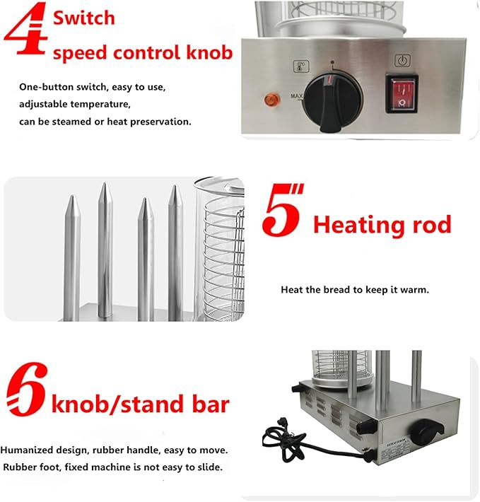 Hot Dog Warmer Steamer Machine Commercial Electric Bun Warmer with 4 Heating Rods Countertop Stainless Steel Sausage Warmer Adjustable Temperature 32℉-185℉ 110V