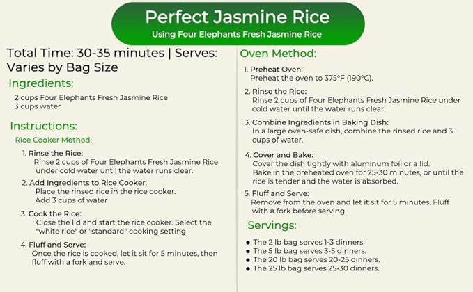 25 Pounds (LBS) Premium Thai Hom Mali Jasmine Rice | Endorsed By Pro Chefs | Four Elephants Brand | DIY Friendly Cooking Instructions Packaging
