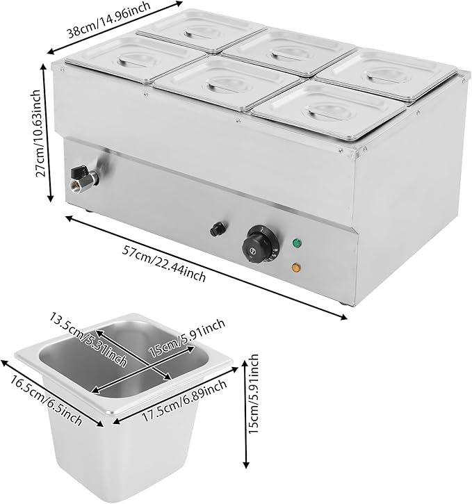 DYNAMI 110V 1500W Commercial Buffet Food Warmer,Large Capacity 6 Pan(6 * 2.3QT) Stainless Steel Electric Countertop Steam Table with Intelligent Thermostat Design,for Parties Buffet Catering