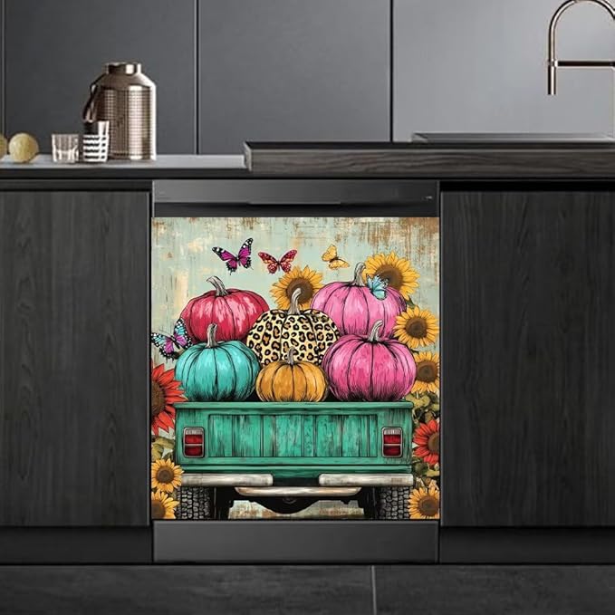Fall Pumpkin Truck Magnetic Dishwasher Cover Vinyl Sticker,Farm Harvest Sunflowers Dishwasher Magnet Cover, Rustic Barn Fridge Door Cover Magnets Art Skin Panel Decal for Home Decor, 23"X26"