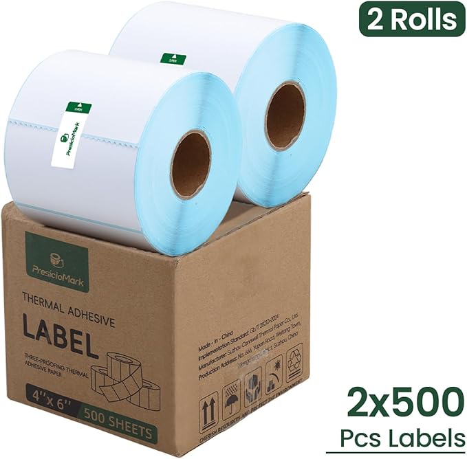 1000 Labels 2 Rolls 4"×6" Direct Thermal Shipping Labels, Perforated and Strong Adhesive, Commercial Grade, Compatible with Zebra, Rollo, Jadens, Nelko, and Other Thermal Printers