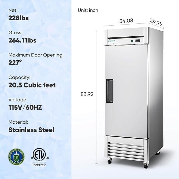 Commercial Freezer Upright Single Door 27" Stainless Steel Reach In Frost Free Upright Freezers 20 cu ft Garage Ready Restaurant Kitchen Industrial Freezer Commercial Stand Up Freezers Standing