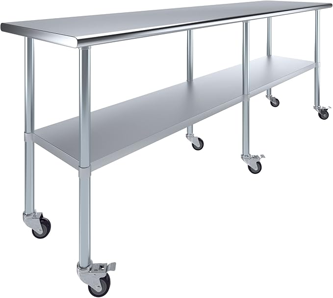 AmGood 96" Long x 24" Deep Stainless Steel Table with Casters