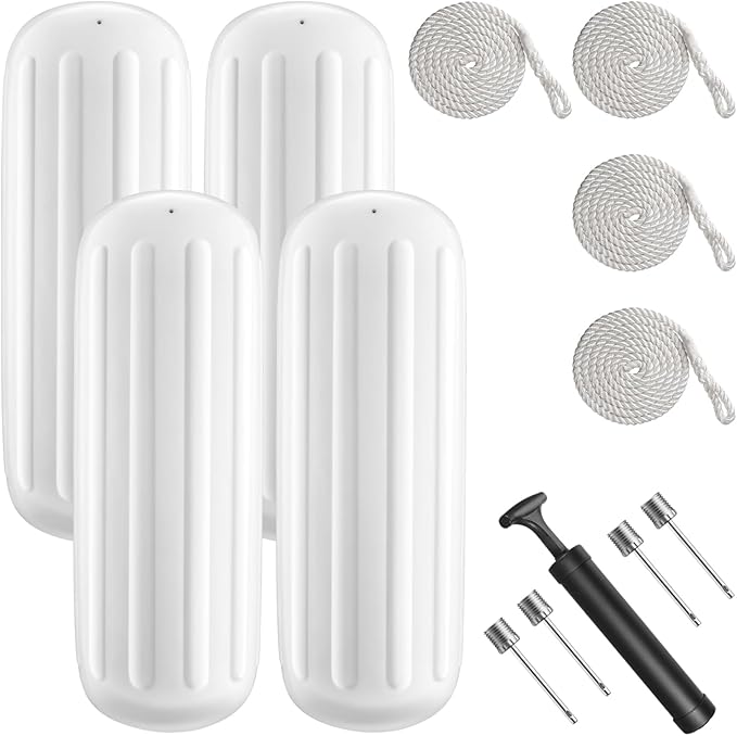 Boat Fenders 4 Pack 10 x 28 Inches Ribbed Center Hole Boat Fenders Bumpers for Docking, Comes with 4 Lines and Pump to Inflate