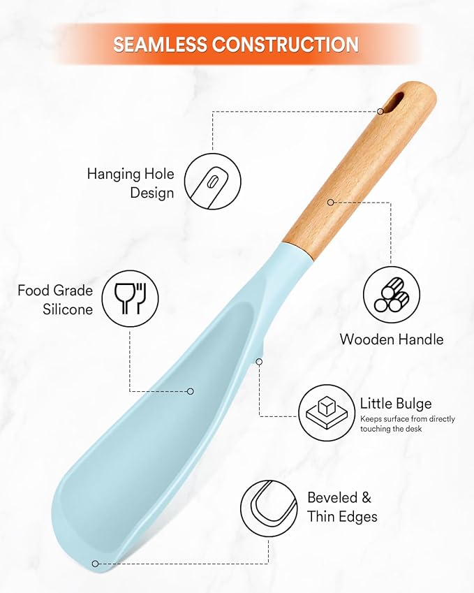 Cooking Spoon for Nonstick Cookwares, Great for Cooking and Serving Sturdy BPA-Free Matte Silicone, Wood Handle Spoon for Mixing, Scoop, and Scrape (BLUE, 11.4 inch)