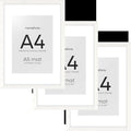 Homeforia A4 Picture Frame White Wood, High-End Oak 8.3 x 11.7 White Poster Frames Matted to 5.8 by 8.3 Photo, 8.3x11.7 Size Wooden Frame with Mat for 5.8x8.3 Print, Tempered Glass, Wall Kit, Set of 3