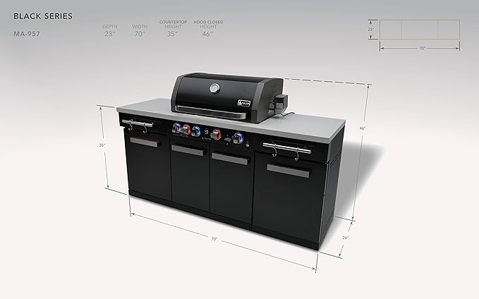 Mont Alpi Premium 70"W x 24"D Black Stainless Steel Compact Outdoor Kitchen Island with Access Doors + 32"W 4-Burner BBQ Grill with Infrared Rear Burner + Storage Cabinets + White Granite Countertops