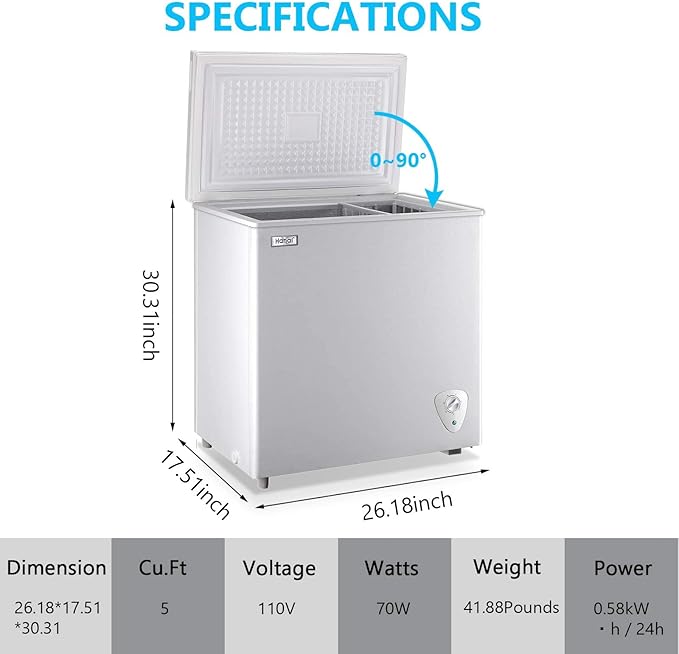 5.0 Cubic Feet Deep Chest Freezer Compact Freezers with Adjustable Thermostat Top Open Door with Removable Storage Basket for Home Kitchen and Bar