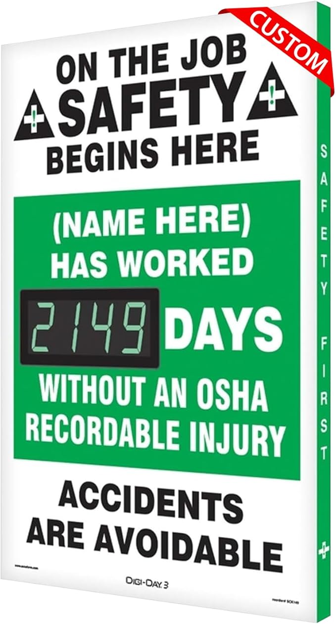 SmartSign "On The Job Safety - Add Your Name Here, Has Worked_ Days Without Injury" Custom Electronic Safety Scoreboard | 20" x 28", Made in USA