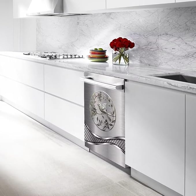 Stainless Steel Design Bird Wallpaper Dishwasher Magnet Panel Magnetic Refrigerator Cover, 23W x 17H inchs