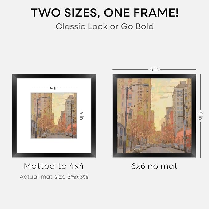 Homeforia 6x6 Black Picture Frame, High End Metal 6 x 6 Square Photo Frames with Mat 4 by 4, 6x6 Poster Frame Matted to 4x4 inch Print, 6by6 Wall or Tabletop Frames, Tempered Glass, Wall Kit, Set of 2