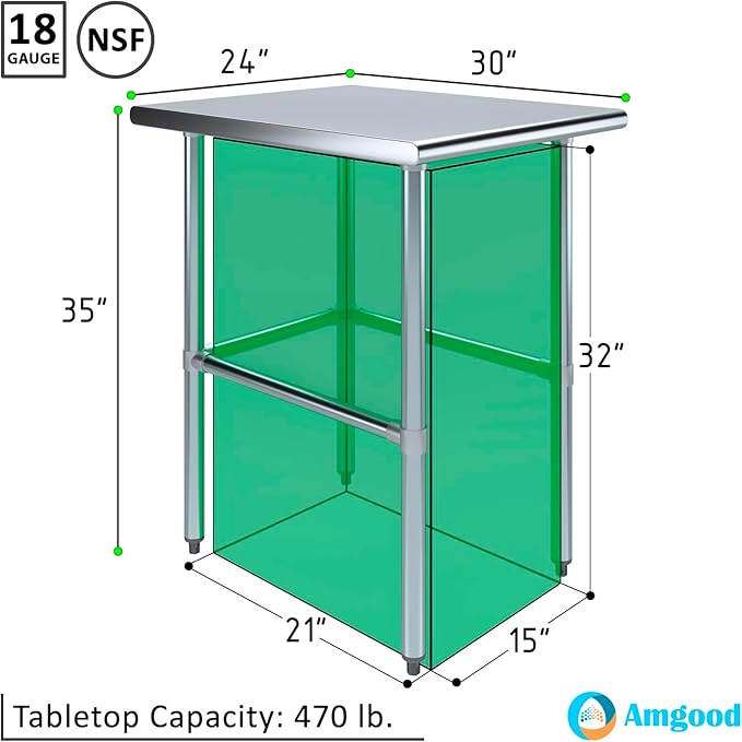 AmGood Stainless Steel Work Table Open Base | NSF | Laundry Garage Utility Bench (24" Long X 30" Deep)
