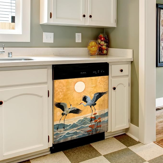 Crane Japan Pattern Dishwasher Magnet Cover for Door Front, Dishwasher Panel Decal Reuseable Refrigerator Magnet Cover Decal Fridge Stickers Home Decor, 23 x 26 Inch