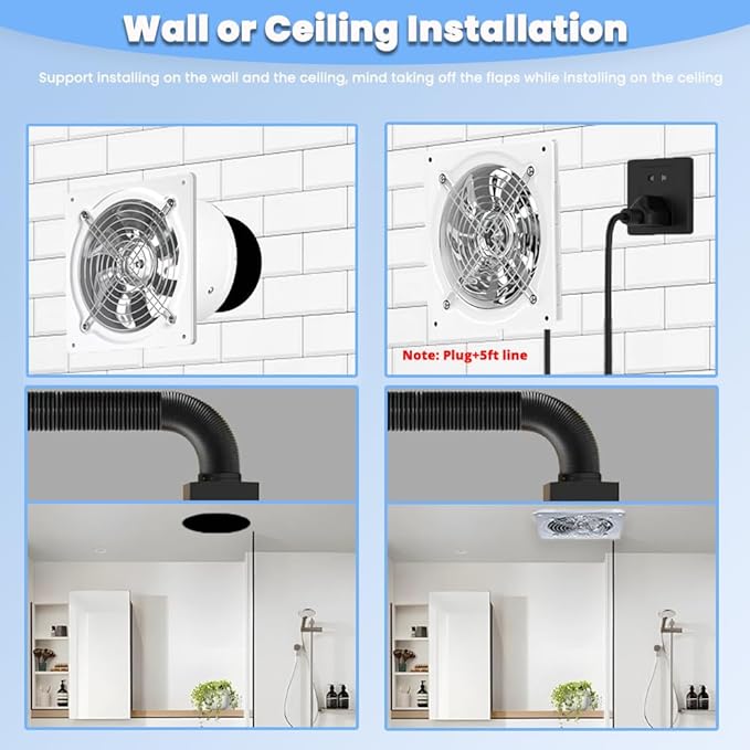 8" Kitchen Exhaust Fan with Variable Speed Controller, 735CFM Wall Mount Ventilation Fans, Metal Attic Exhaust Fan, Small Fume Extractor Ventilation Fan for Kitchen Bathroom Shop Smoking Room Garage